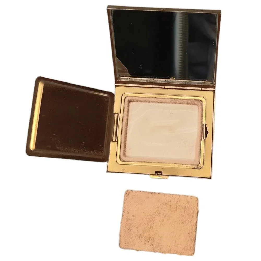 Vintage Gold Powder Compact With Mirror Wave Sea Ocean Design With Powder Puff